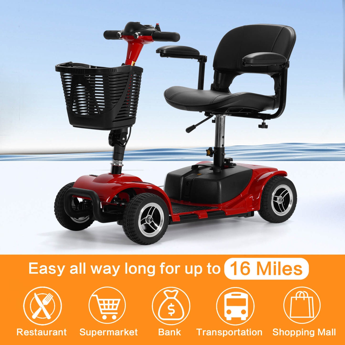 4-Wheel Electric Mobility Scooter for Seniors, Portable, Collapsible and Compact for Travel