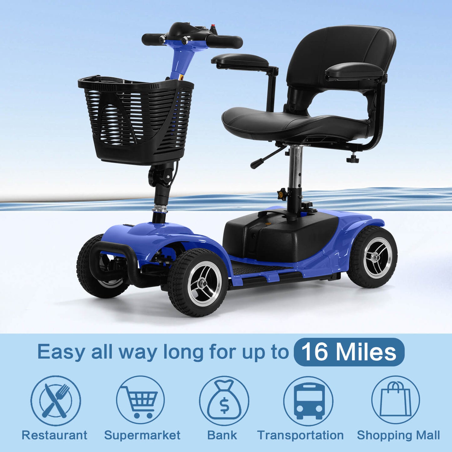 4-Wheel Electric Mobility Scooter for Seniors, Portable, Collapsible and Compact for Travel