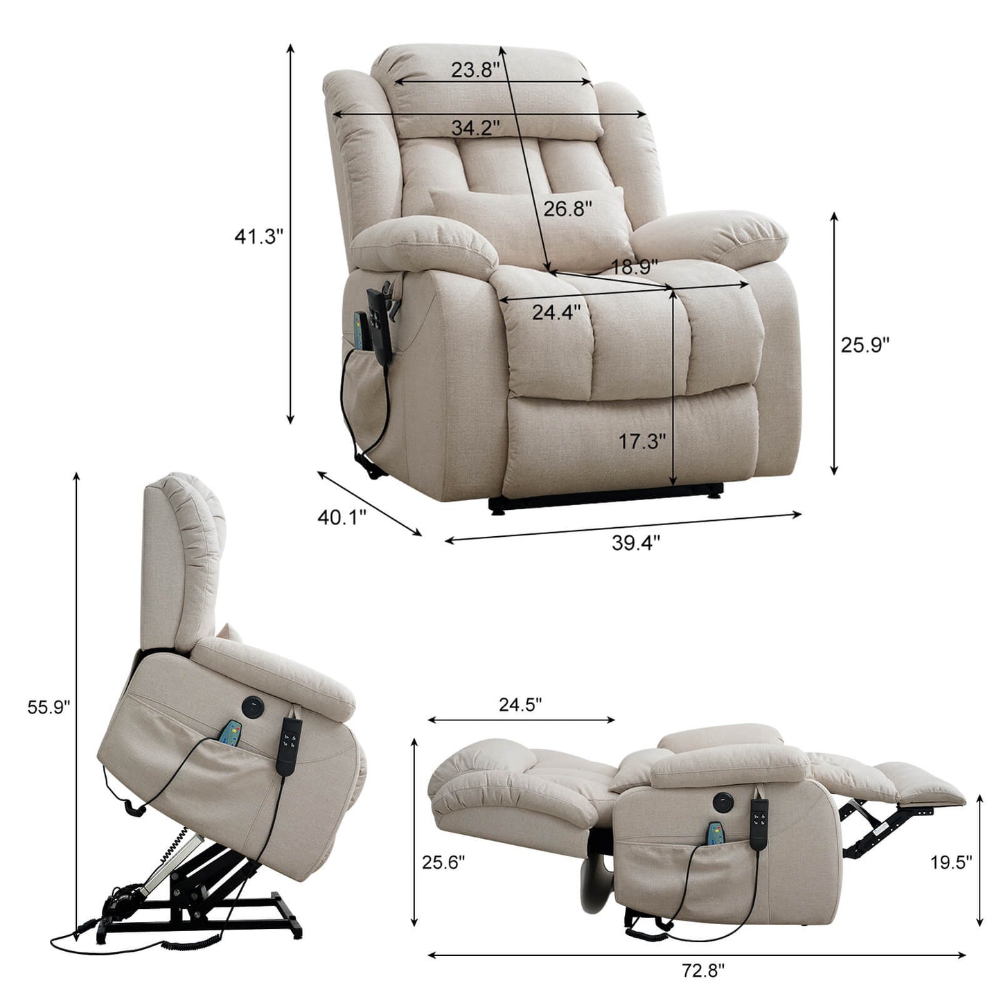 Infinite Position Dual Motor Power Lift Recliner Chair W/ Heat and Massage, Including Lumbar Pillow, Linen