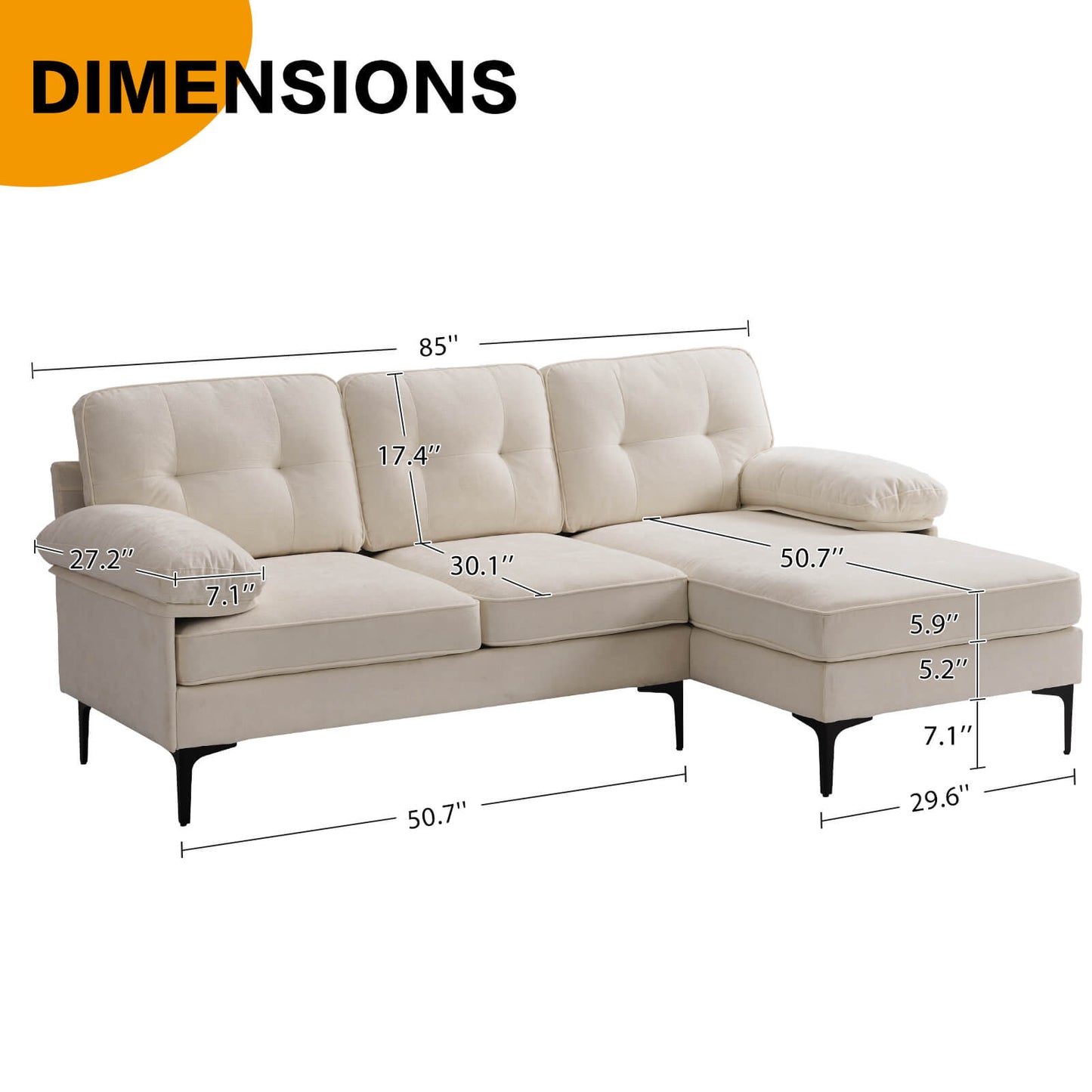 85'' Sectional Couch Sofa for Living Room with Reversible Chaise