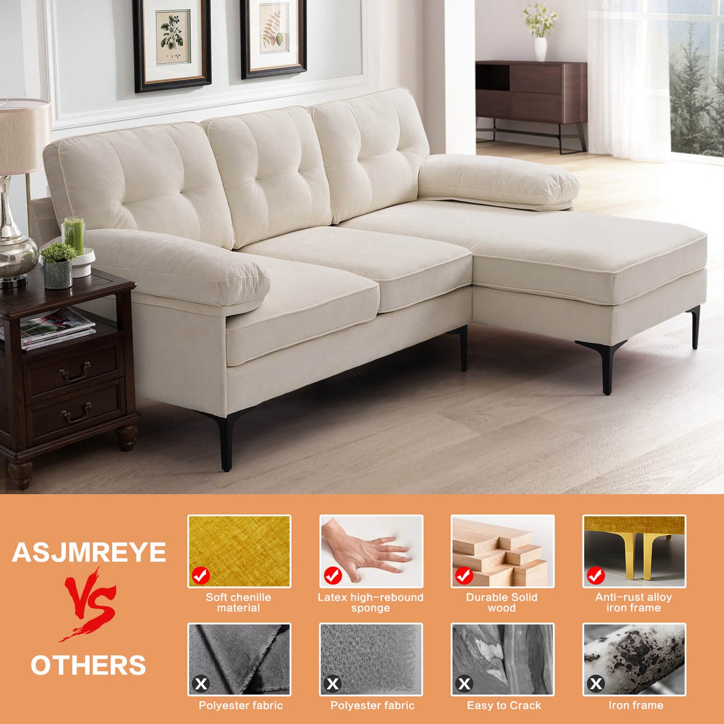 85'' Sectional Couch Sofa for Living Room with Reversible Chaise