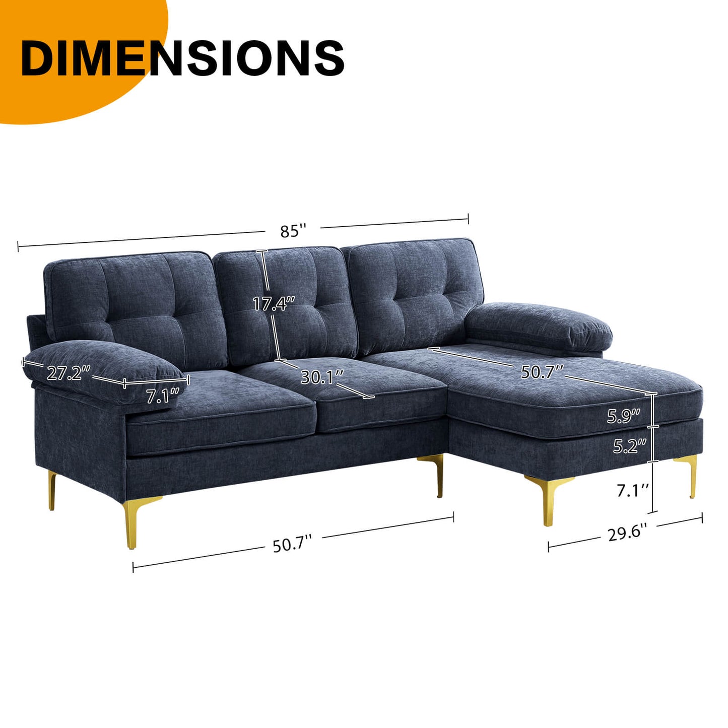 85'' Sectional Couch Sofa for Living Room with Reversible Chaise