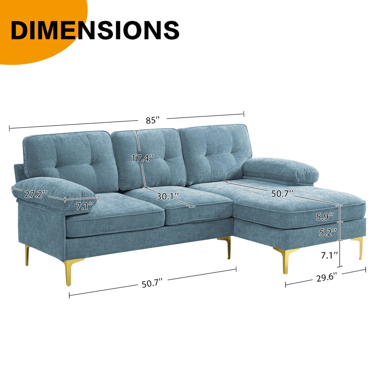 85'' Sectional Couch Sofa for Living Room with Reversible Chaise