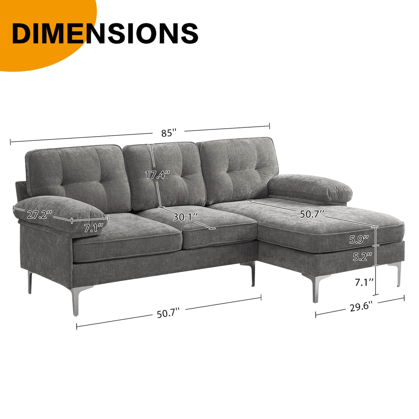 85'' Sectional Couch Sofa for Living Room with Reversible Chaise