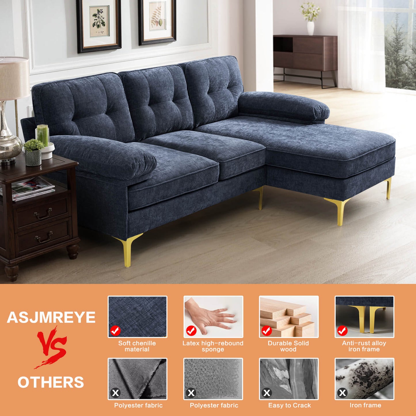 85'' Sectional Couch Sofa for Living Room with Reversible Chaise