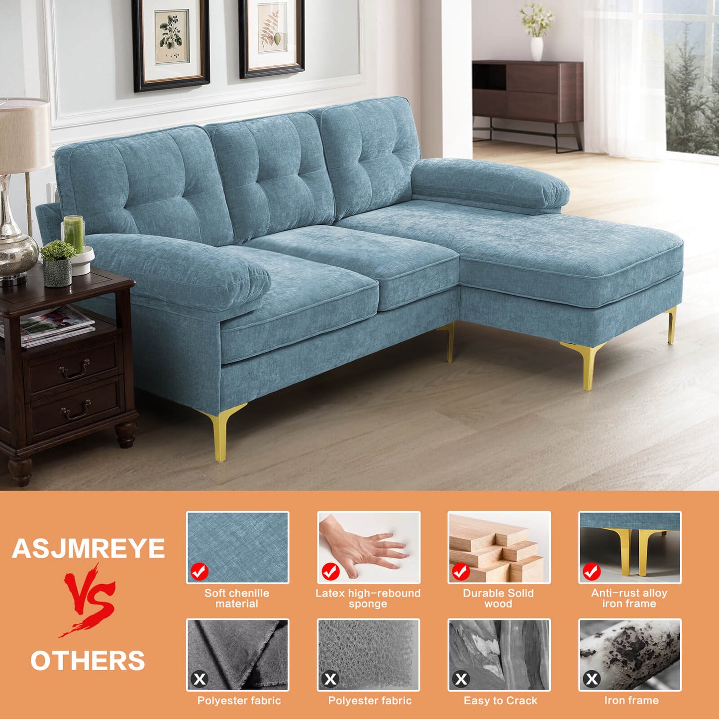 85'' Sectional Couch Sofa for Living Room with Reversible Chaise