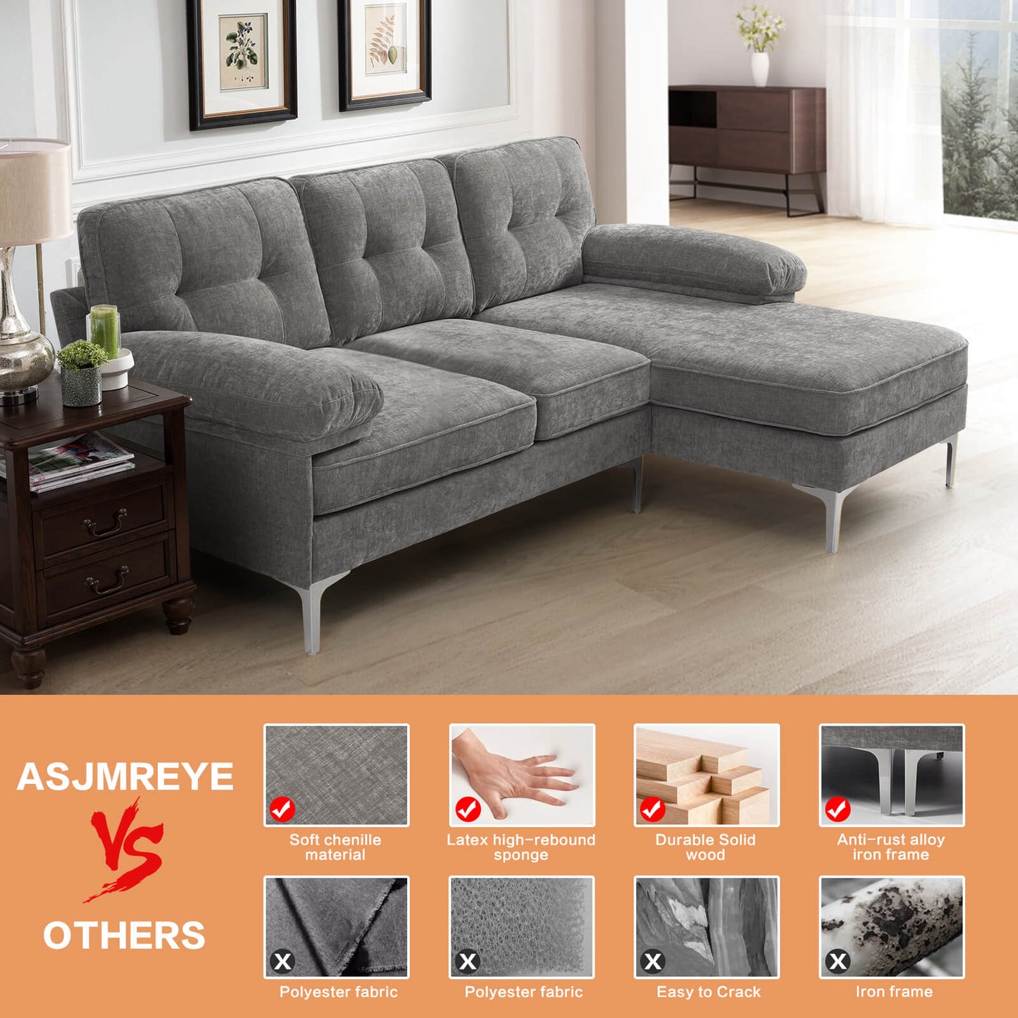 85'' Sectional Couch Sofa for Living Room with Reversible Chaise