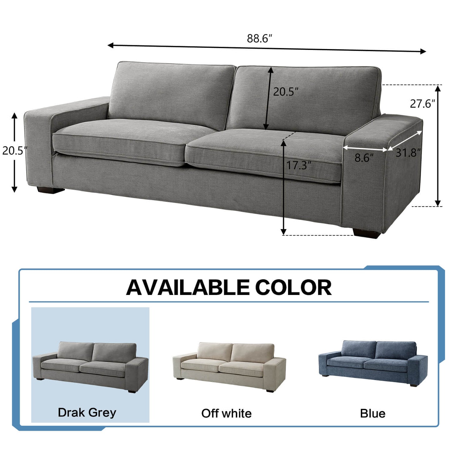 88.6' Modern Sofas Couches for Living Room With Solid Frame, Removable Back Cushion & Cover Sofa, Fabric