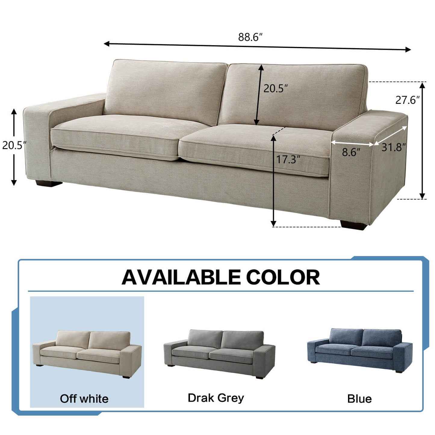 88.6' Modern Sofas Couches for Living Room With Solid Frame, Removable Back Cushion & Cover Sofa, Fabric