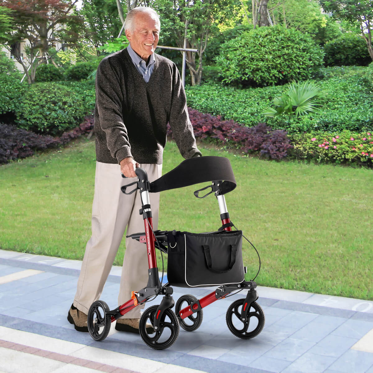 Lightweight Foldable Rollator Walker with Seat for Seniors, Height Adjustable, 4 Wheels for All Terrain