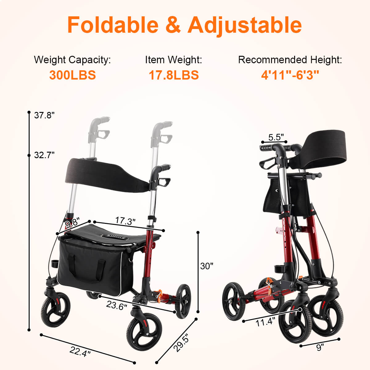 Lightweight Foldable Rollator Walker with Seat for Seniors, Height Adjustable, 4 Wheels for All Terrain