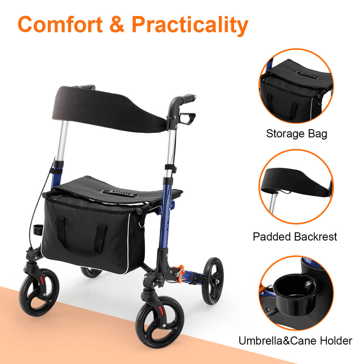 Lightweight Foldable Rollator Walker with Seat for Seniors, Height Adjustable, 4 Wheels for All Terrain