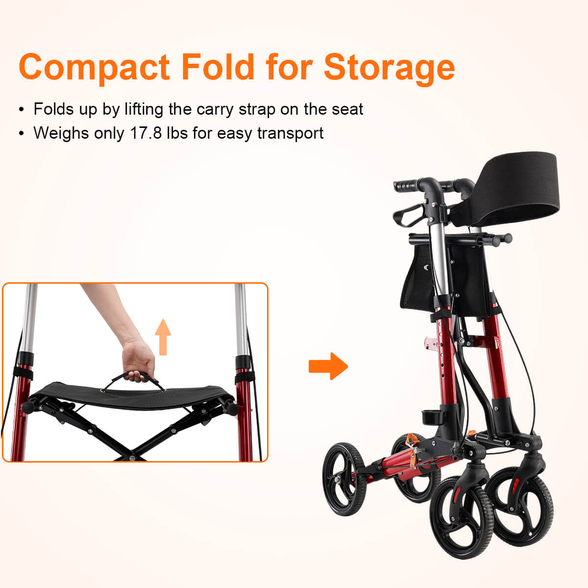 Lightweight Foldable Rollator Walker with Seat for Seniors, Height Adjustable, 4 Wheels for All Terrain