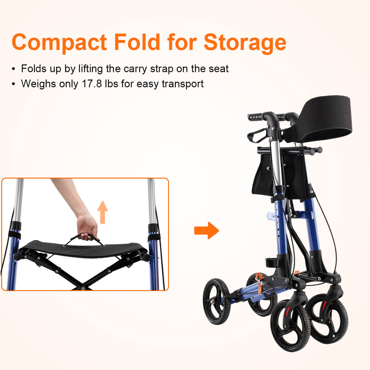 Lightweight Foldable Rollator Walker with Seat for Seniors, Height Adjustable, 4 Wheels for All Terrain