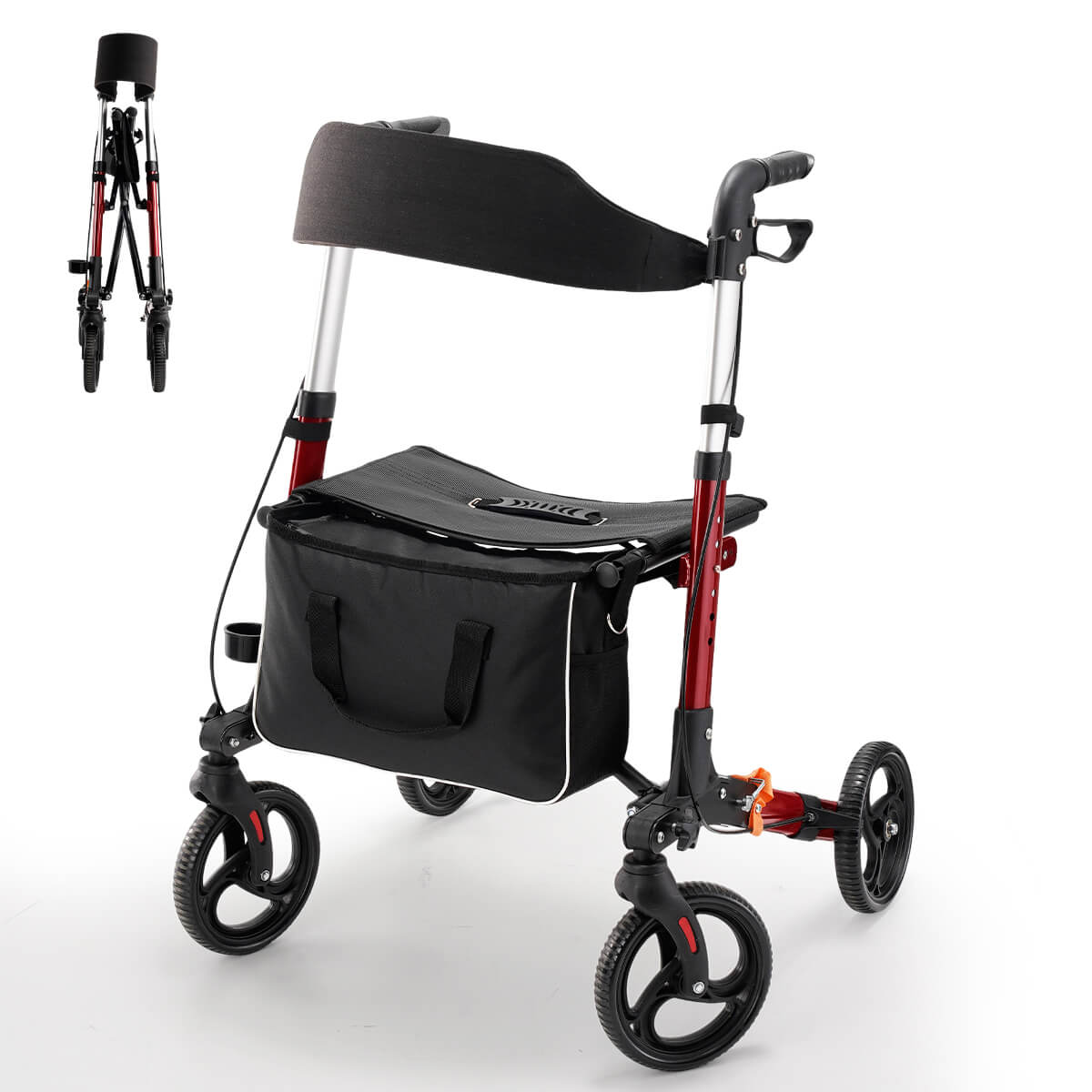 Lightweight Foldable Rollator Walker with Seat for Seniors, Height Adjustable, 4 Wheels for All Terrain