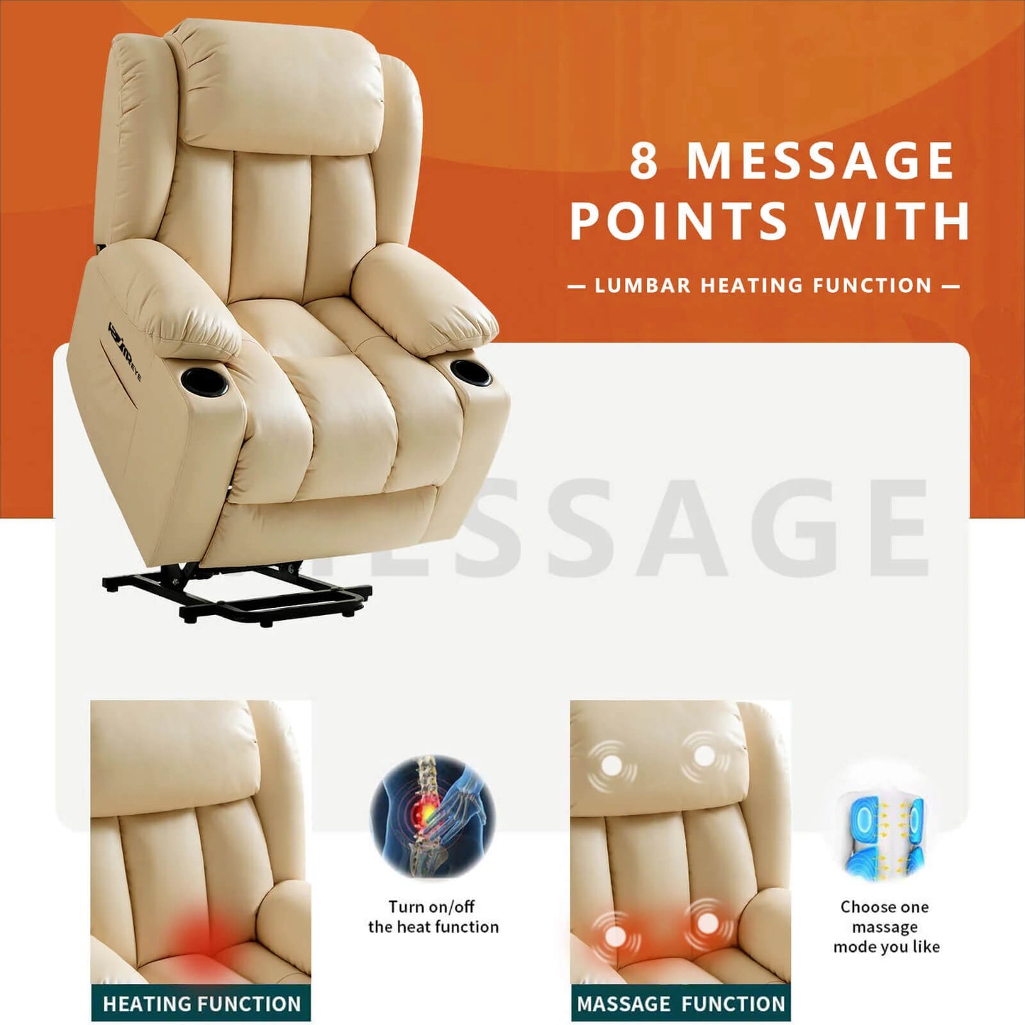 ASJMREYE Luxury Power Lift Recliner Massage Chair With Vibration Massage and Heating, Beige