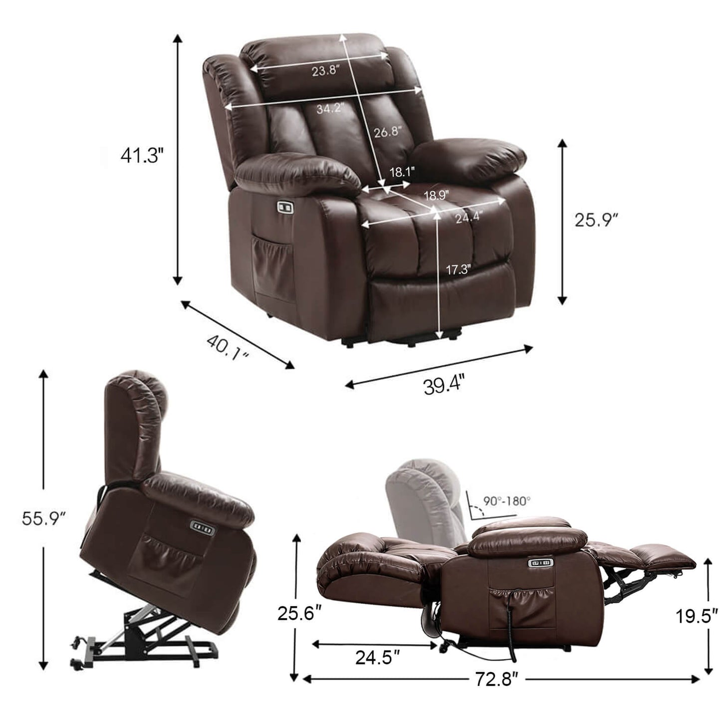 Infinite Position Lift Recliner Chair W/ Massage and Heating, Power by Dual Motor, Real Leather