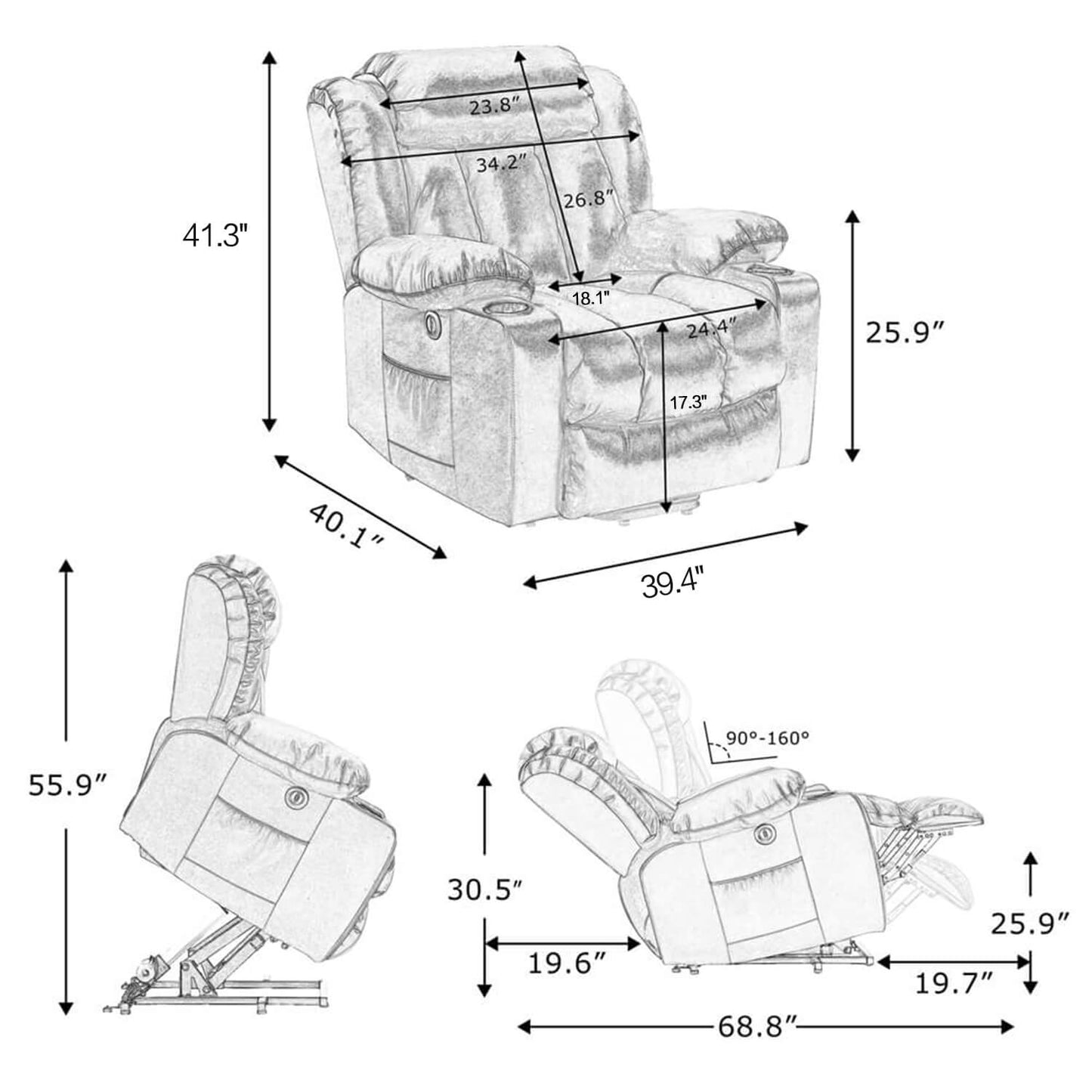 Luxury Power Lift Recliner Chair With Vibration Massage and Heating, 39.4" Width