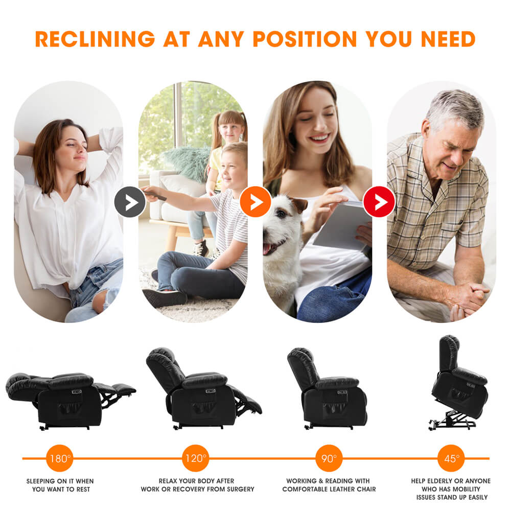 Infinite Position Lift Recliner Chair W/ Massage and Heating, Power by Dual Motor, Real Leather