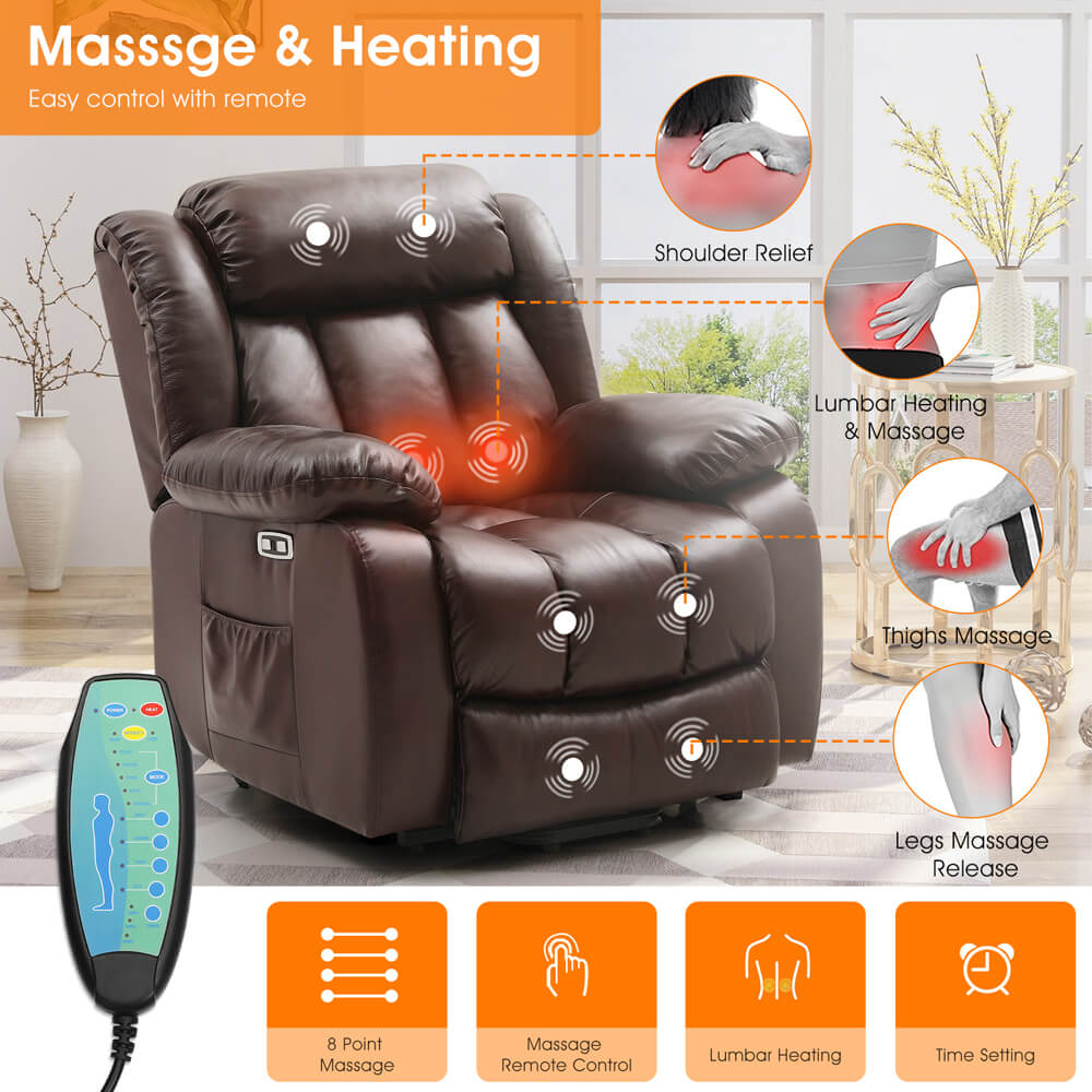 Infinite Position Lift Recliner Chair W/ Massage and Heating, Power by Dual Motor, Real Leather