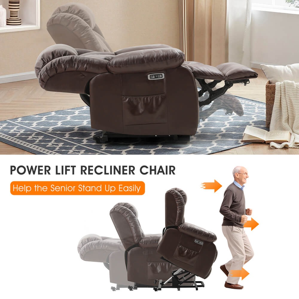 Infinite Position Lift Recliner Chair W/ Massage and Heating, Power by Dual Motor, Real Leather