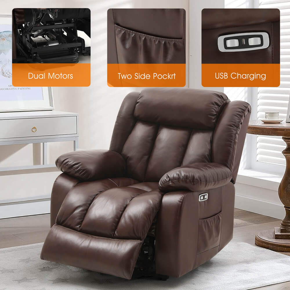 Infinite Position Lift Recliner Chair W/ Massage and Heating, Power by Dual Motor, Real Leather