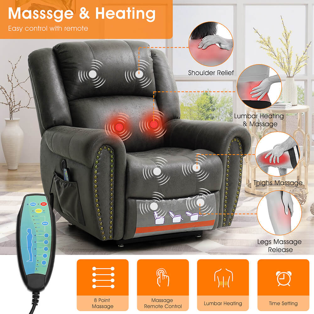 Infinite Position Lift Recliner Chair With Rivet W/ Massage and Heating, Power by Dual Motor, Fabric, Grey