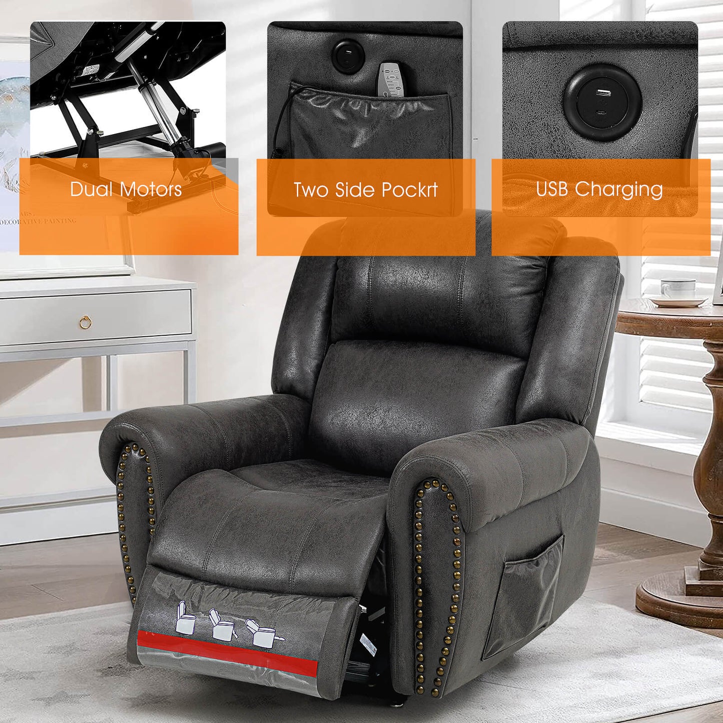 Infinite Position Lift Recliner Chair With Rivet W/ Massage and Heating, Power by Dual Motor, Fabric, Grey