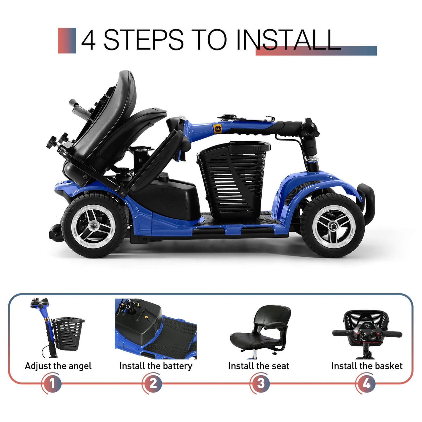 4-Wheel Electric Mobility Scooter for Seniors, Portable, Collapsible and Compact for Travel