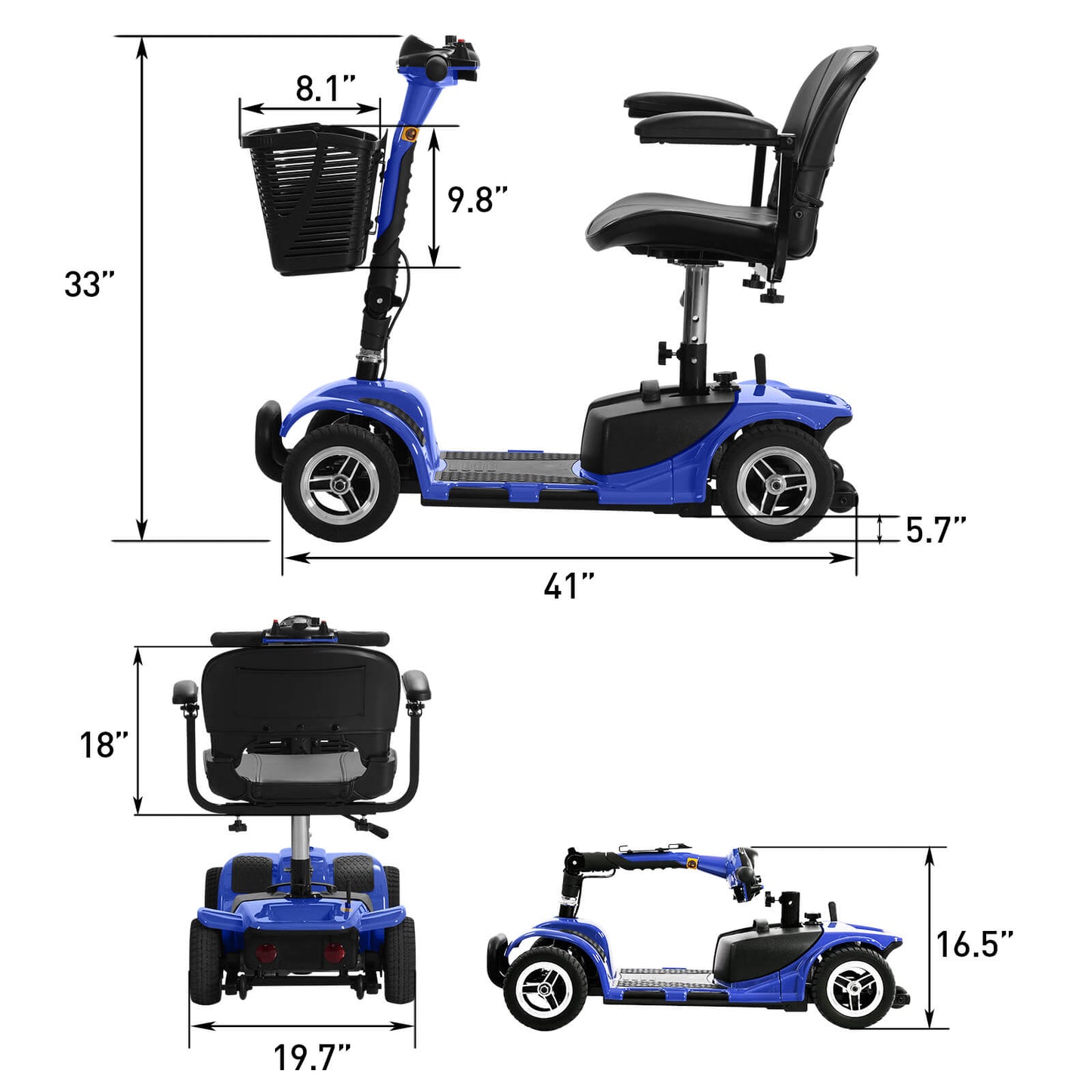 4-Wheel Electric Mobility Scooter for Seniors, Portable, Collapsible and Compact for Travel