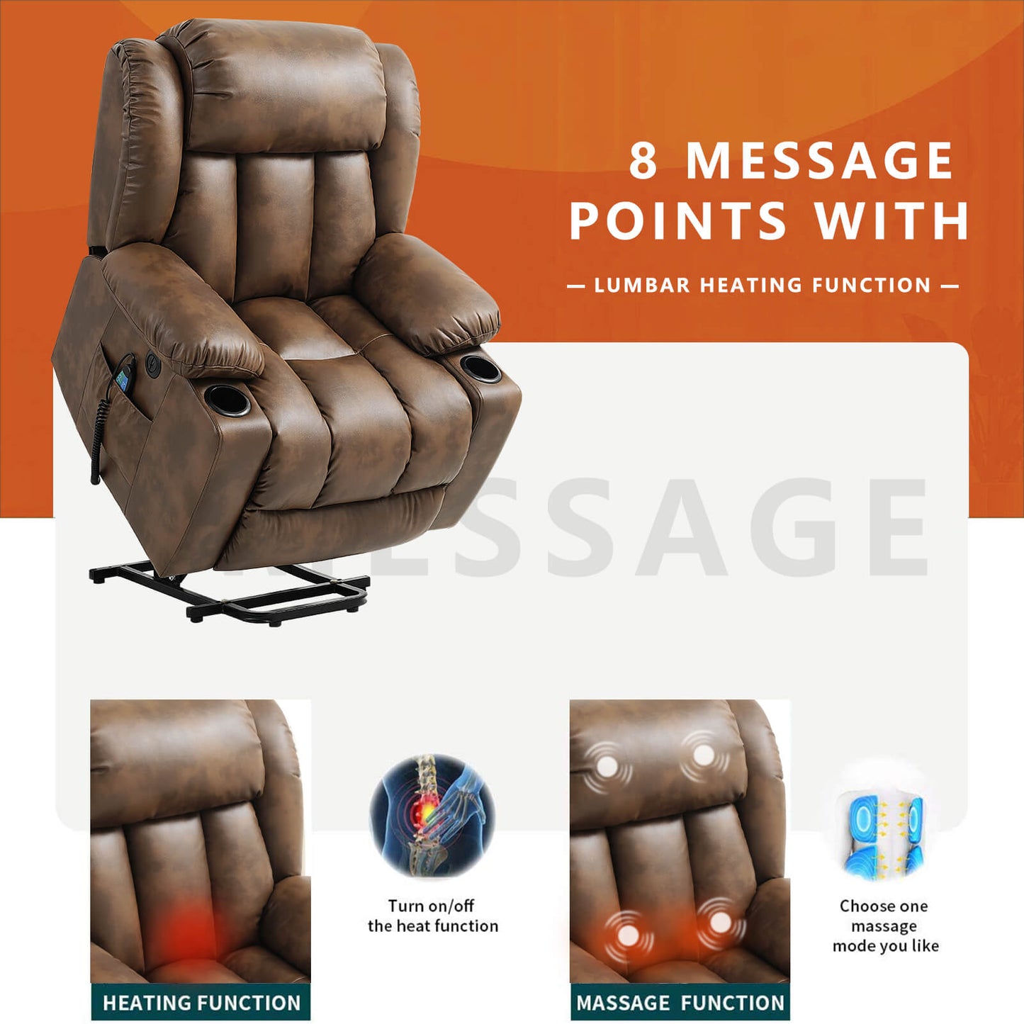 Luxury Power Lift Recliner Chair With Vibration Massage and Heating,With Cup Holder