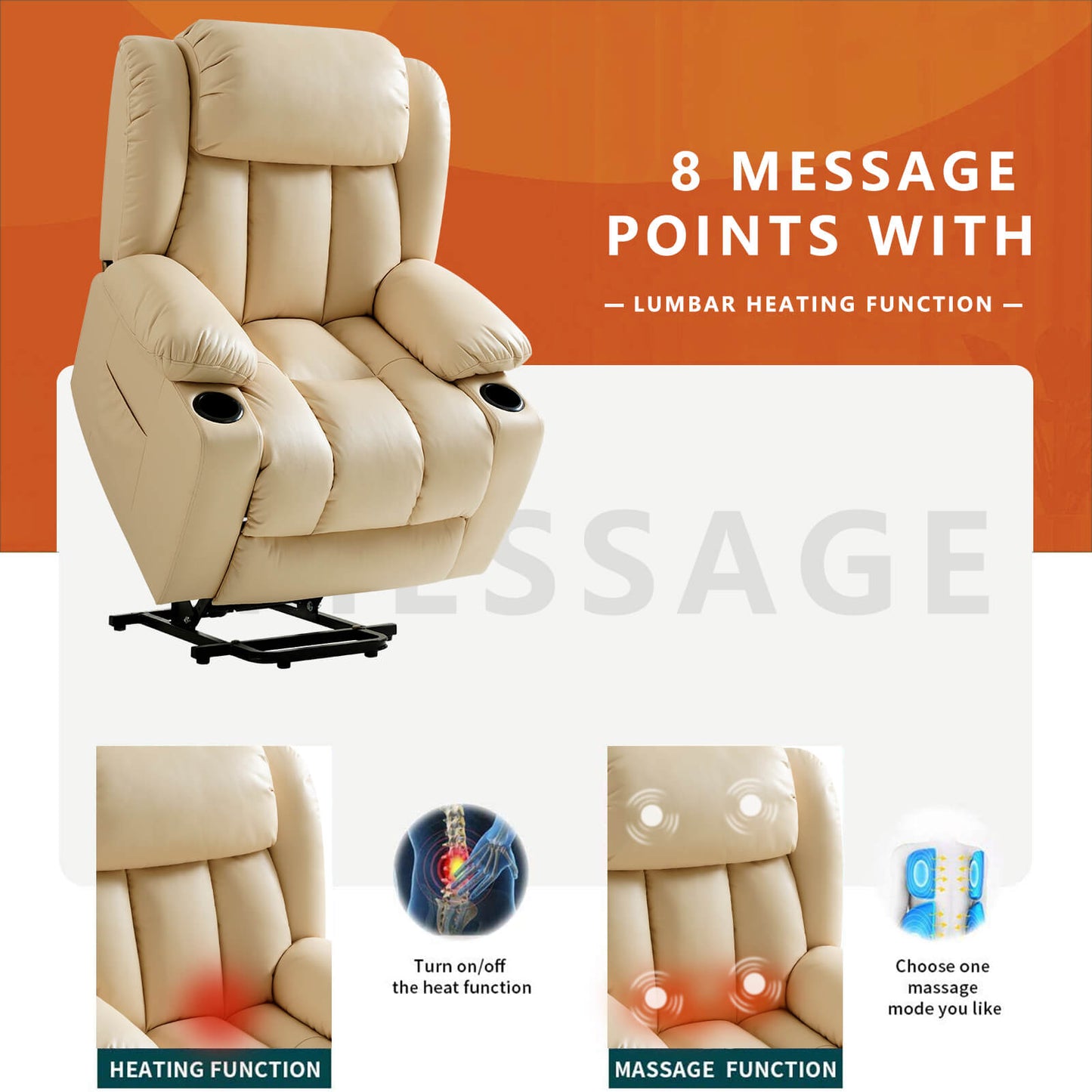 Luxury Power Lift Recliner Chair With Vibration Massage and Heating,With Cup Holder