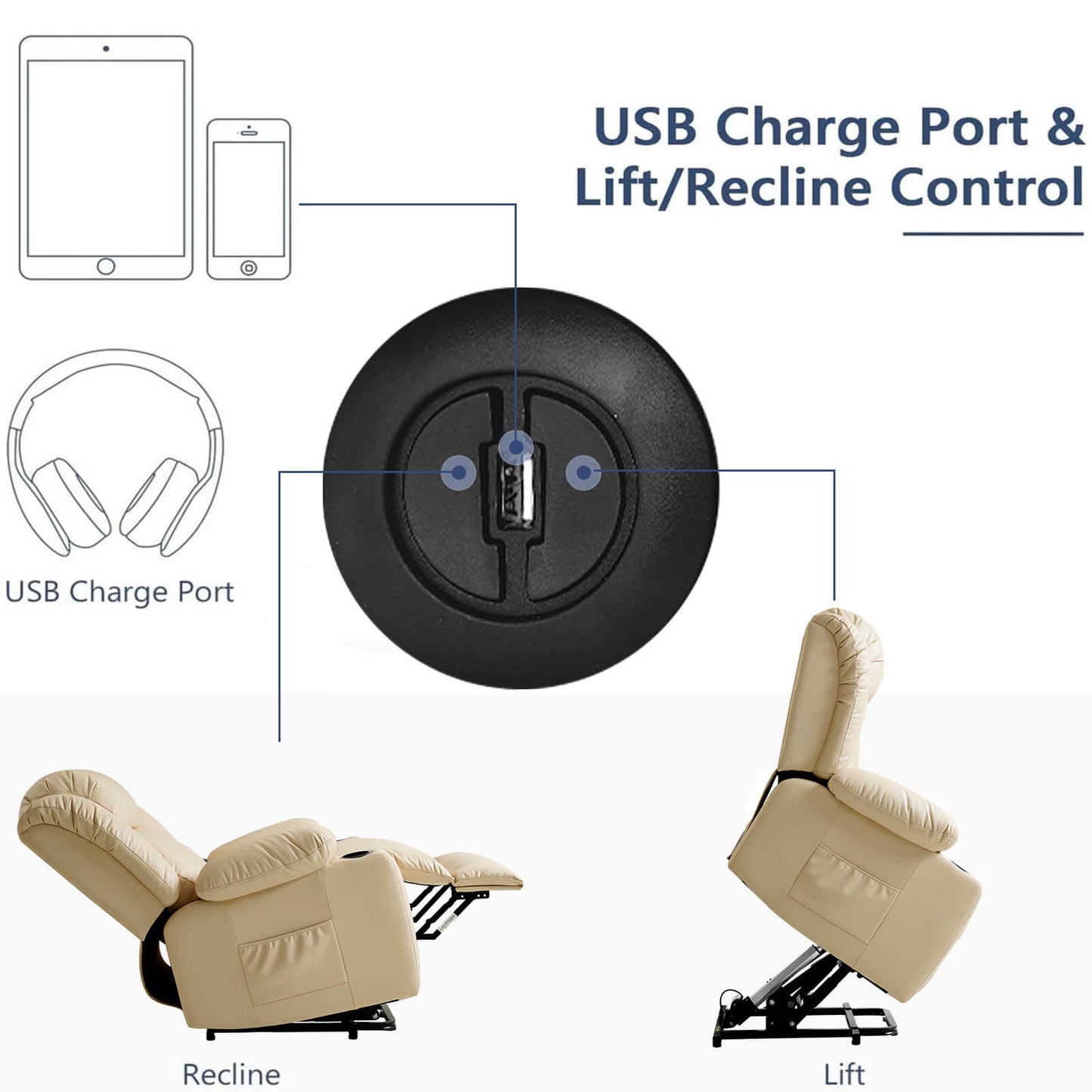 Luxury Power Lift Recliner Chair With Vibration Massage and Heating,With Cup Holder