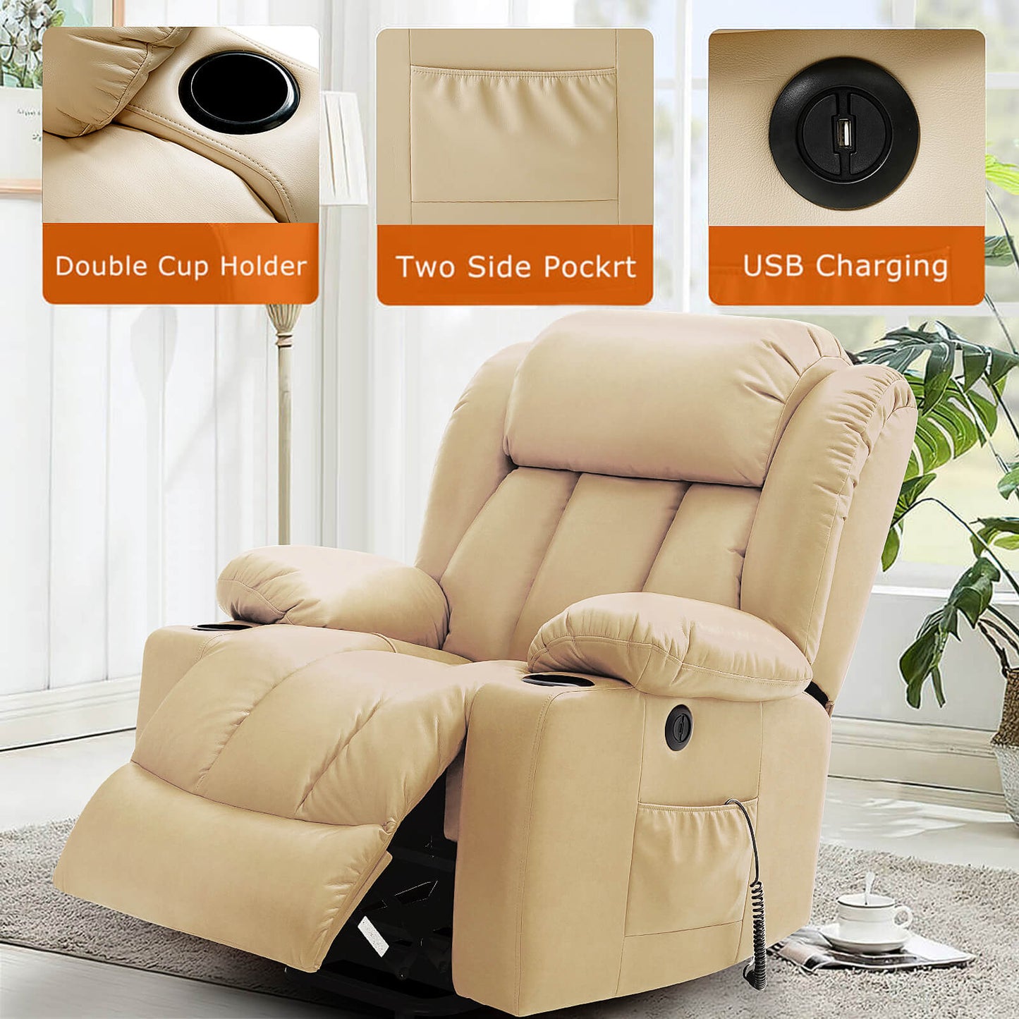 Luxury Power Lift Recliner Chair With Vibration Massage and Heating, 34.6" Width,Beige