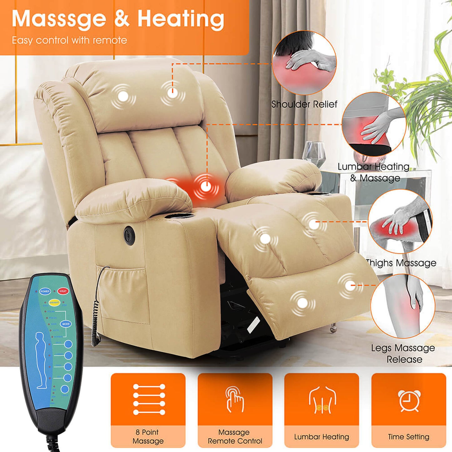 Luxury Power Lift Recliner Chair With Vibration Massage and Heating, 34.6" Width,Beige