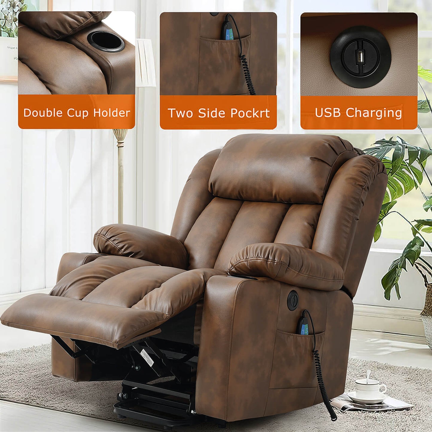 Luxury Power Lift Recliner Chair With Vibration Massage and Heating, 34.6" Width,Ochre