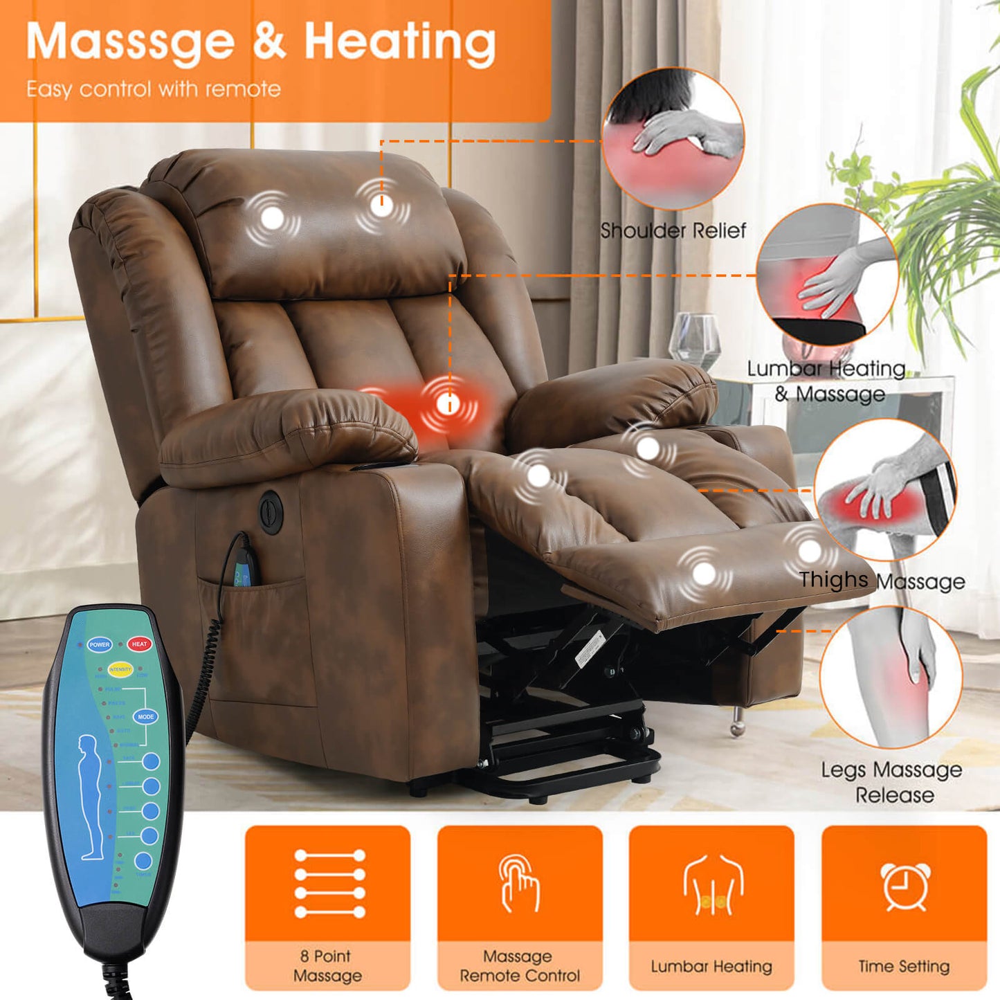 Luxury Power Lift Recliner Chair With Vibration Massage and Heating, 34.6" Width,Ochre