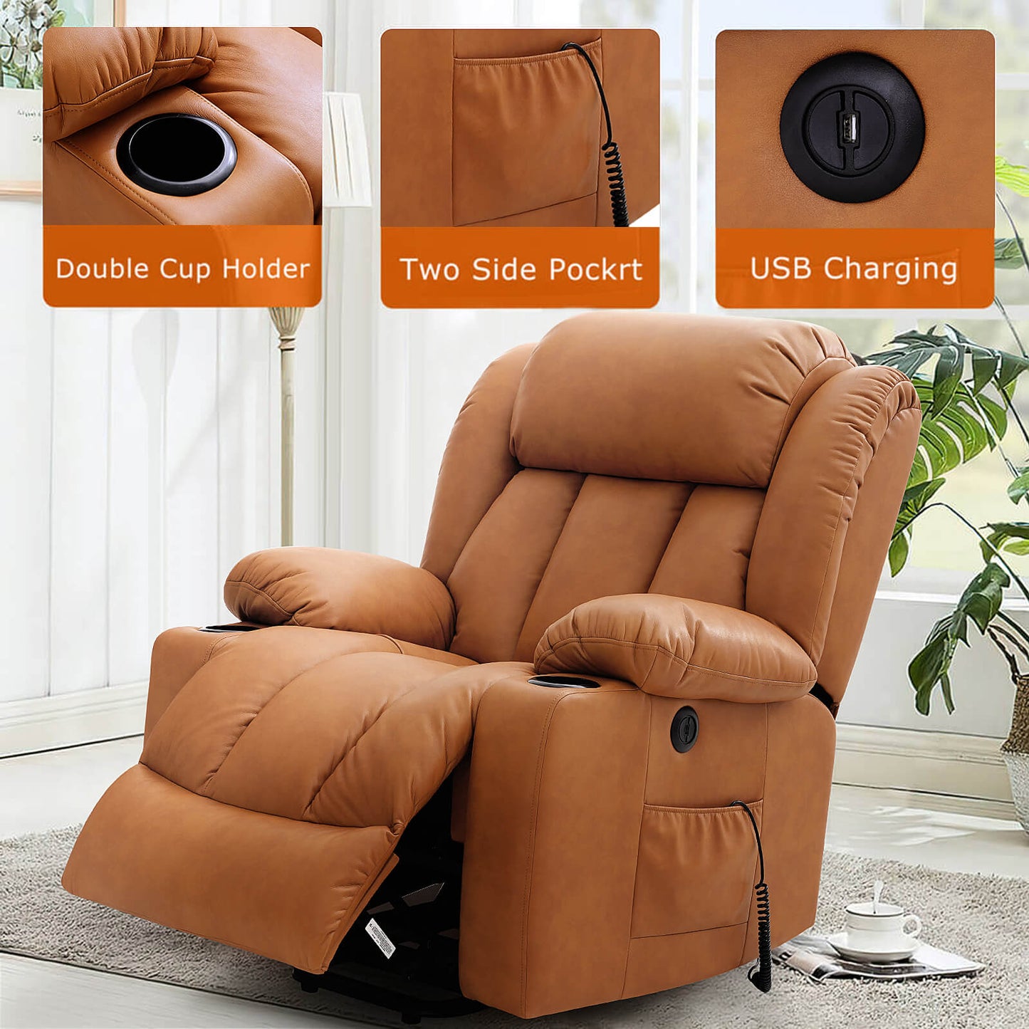 Luxury Power Lift Recliner Chair With Vibration Massage and Heating, 34.6" Width,Orange