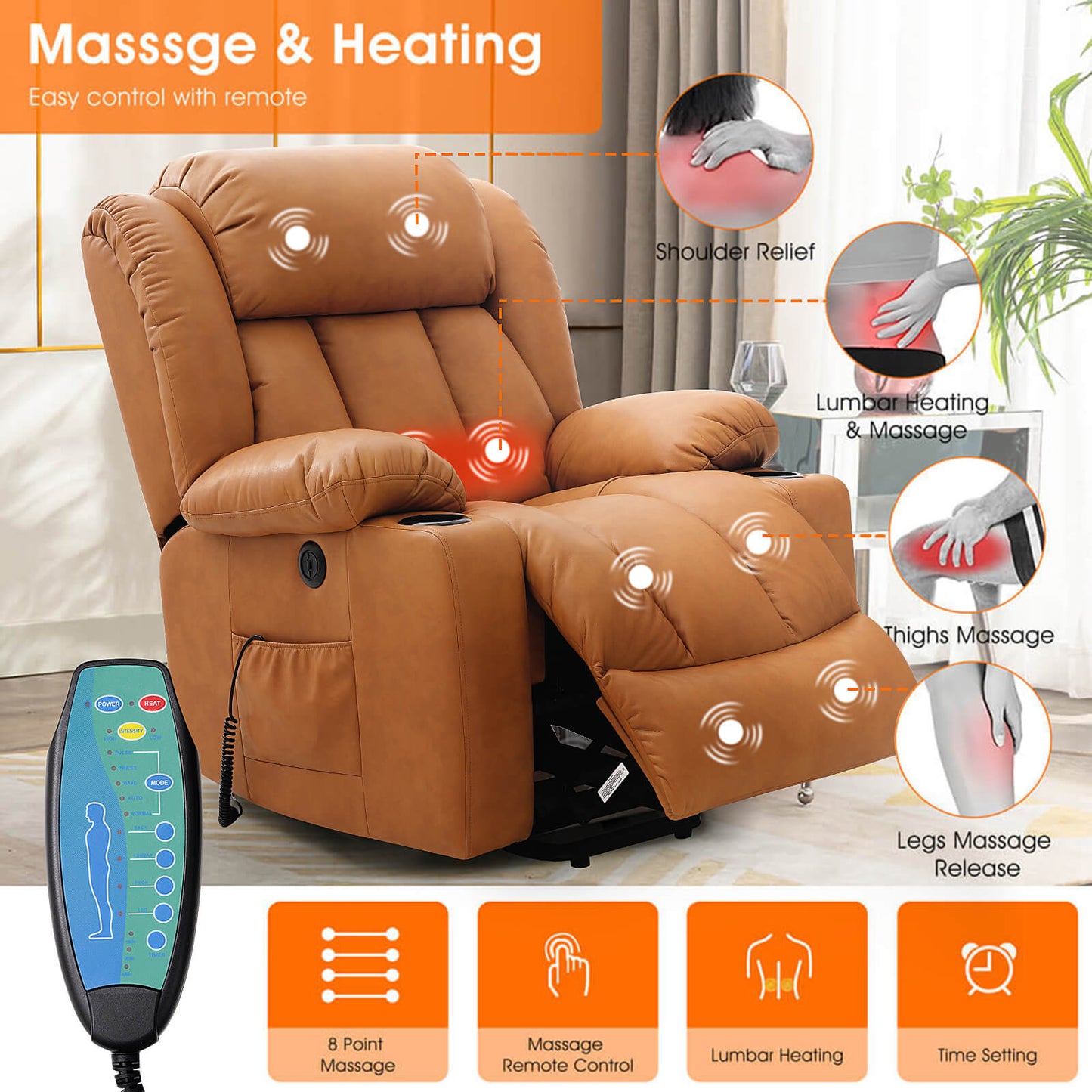 Luxury Power Lift Recliner Chair With Vibration Massage and Heating, 34.6" Width,Orange