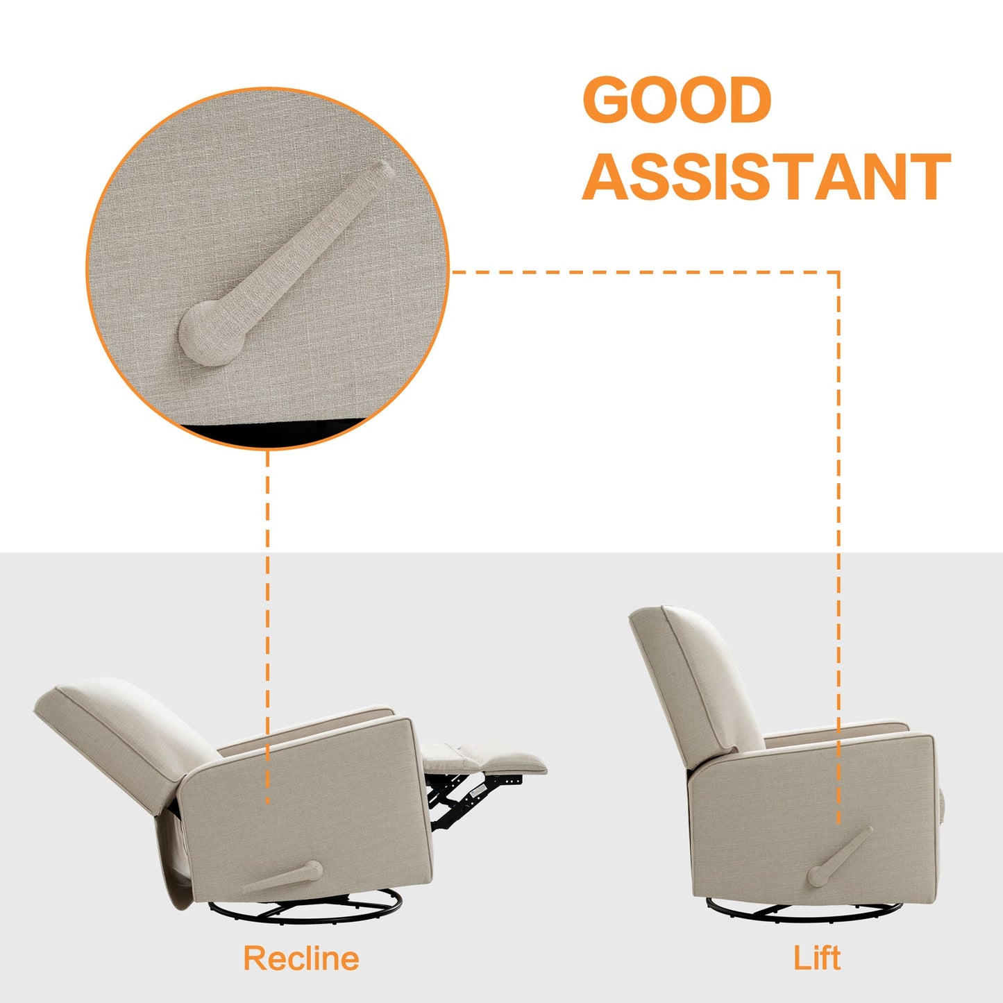 Large Swivel Rocking Recliner, Nursery Swivel Glider Fabric Manual Recliner Chair, Max 360° Swivel 30° Rocking, 35.4" Width