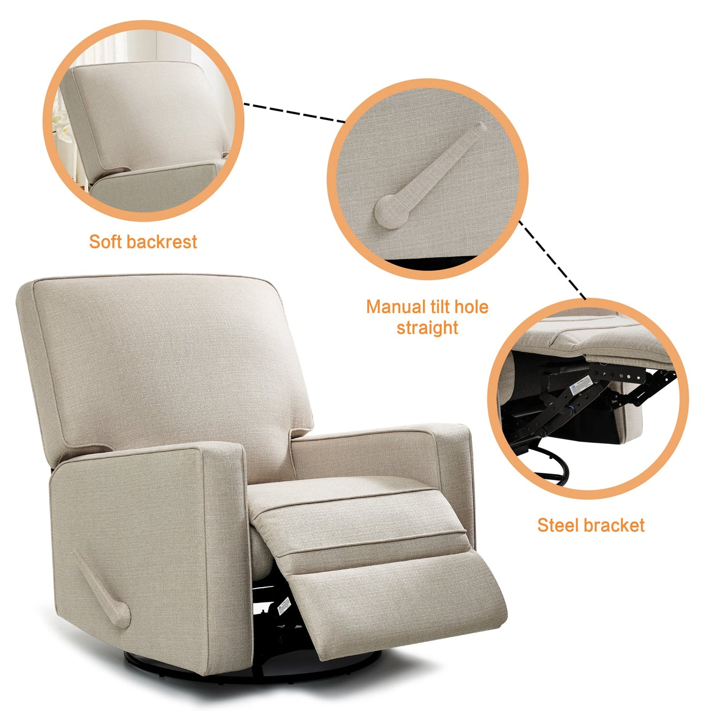 Large Swivel Rocking Recliner, Nursery Swivel Glider Fabric Manual Recliner Chair, Max 360° Swivel 30° Rocking, 35.4" Width