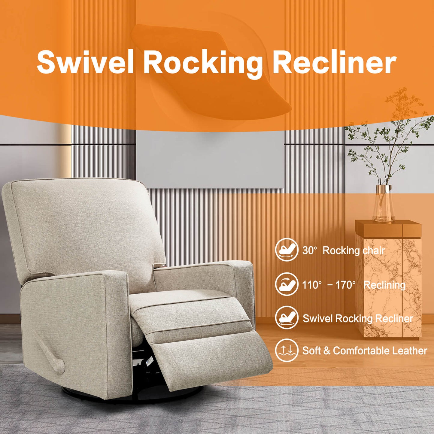 Large Swivel Rocking Recliner, Nursery Swivel Glider Fabric Manual Recliner Chair, Max 360° Swivel 30° Rocking, 35.4" Width