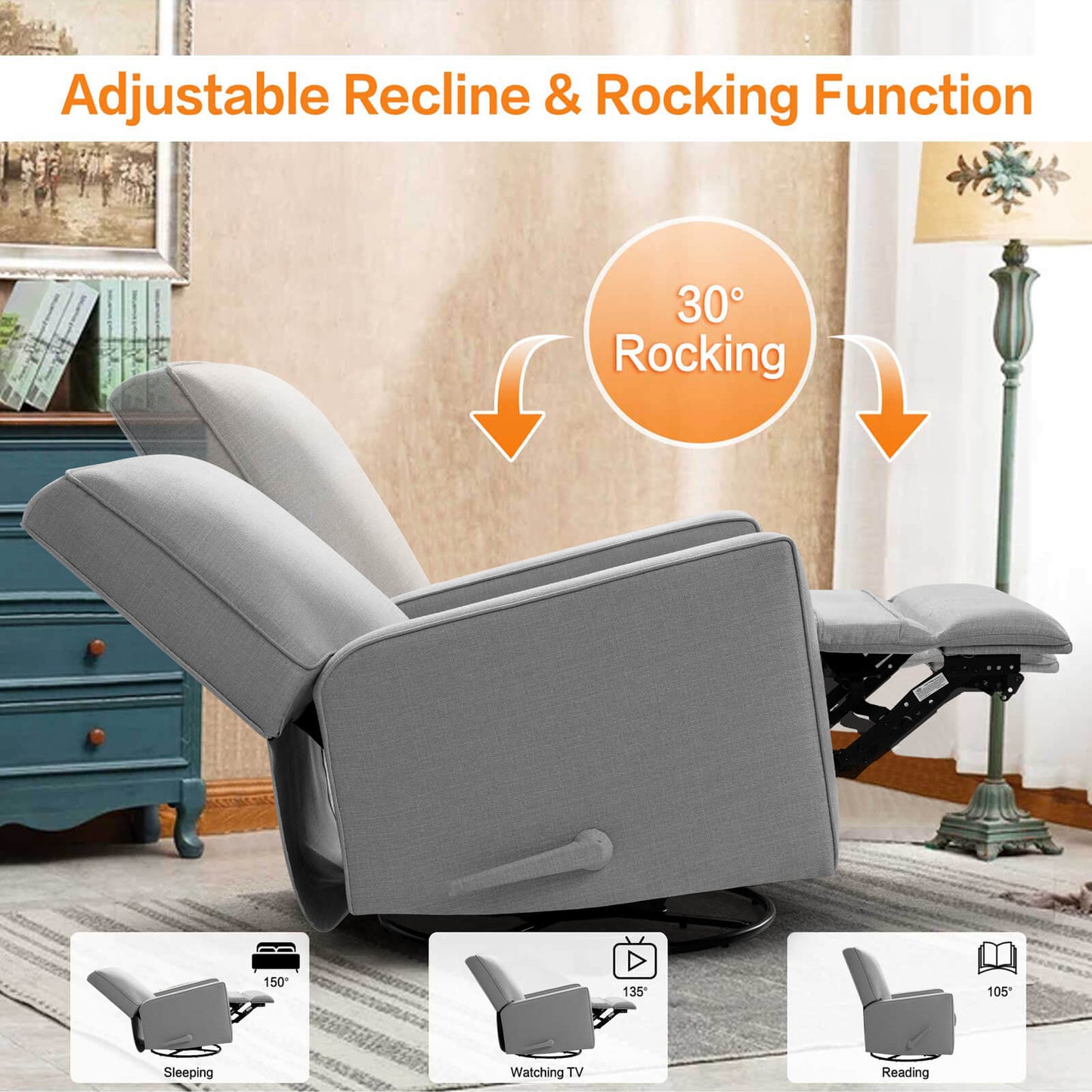 Large Swivel Rocking Recliner, Nursery Swivel Glider Fabric Manual Recliner Chair, Max 360° Swivel 30° Rocking, 35.4" Width