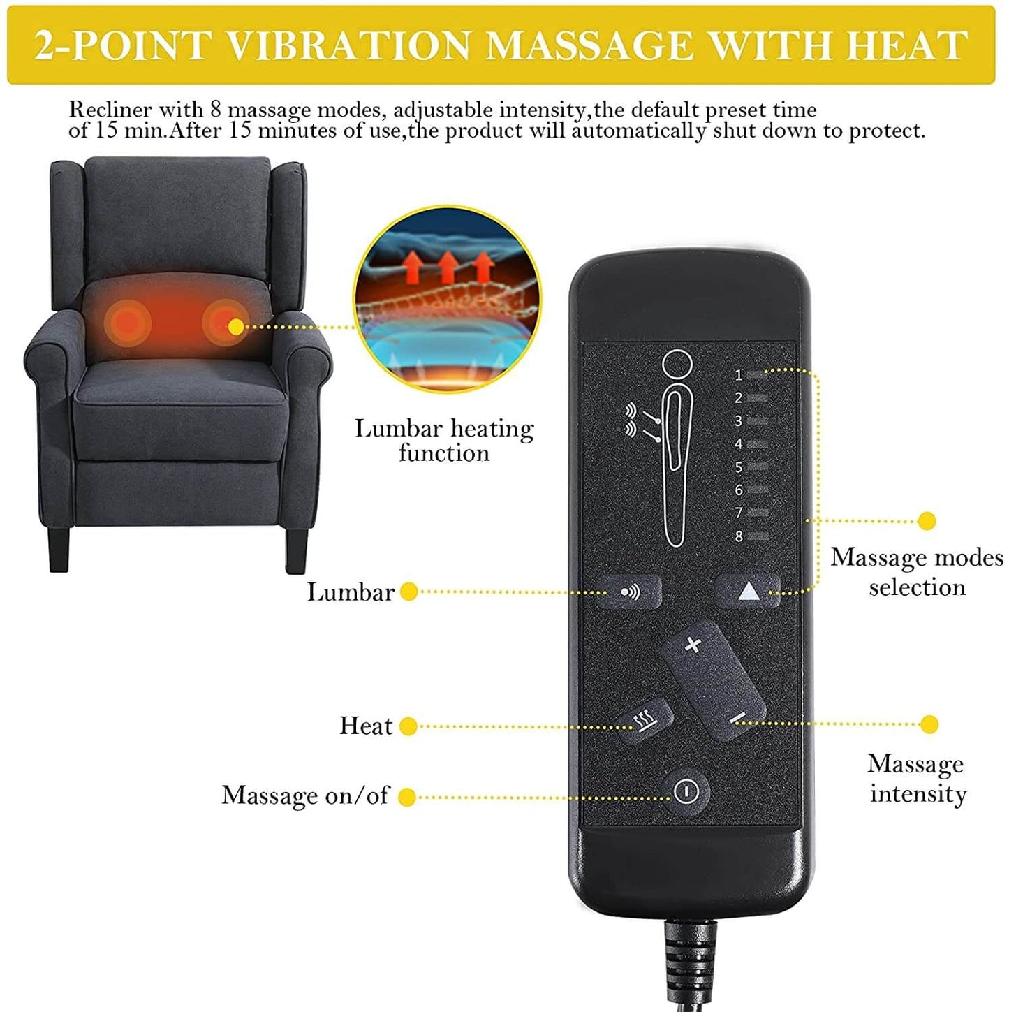 Wingback Recliner Chair with Heating and Vibrating Massage, Fabric